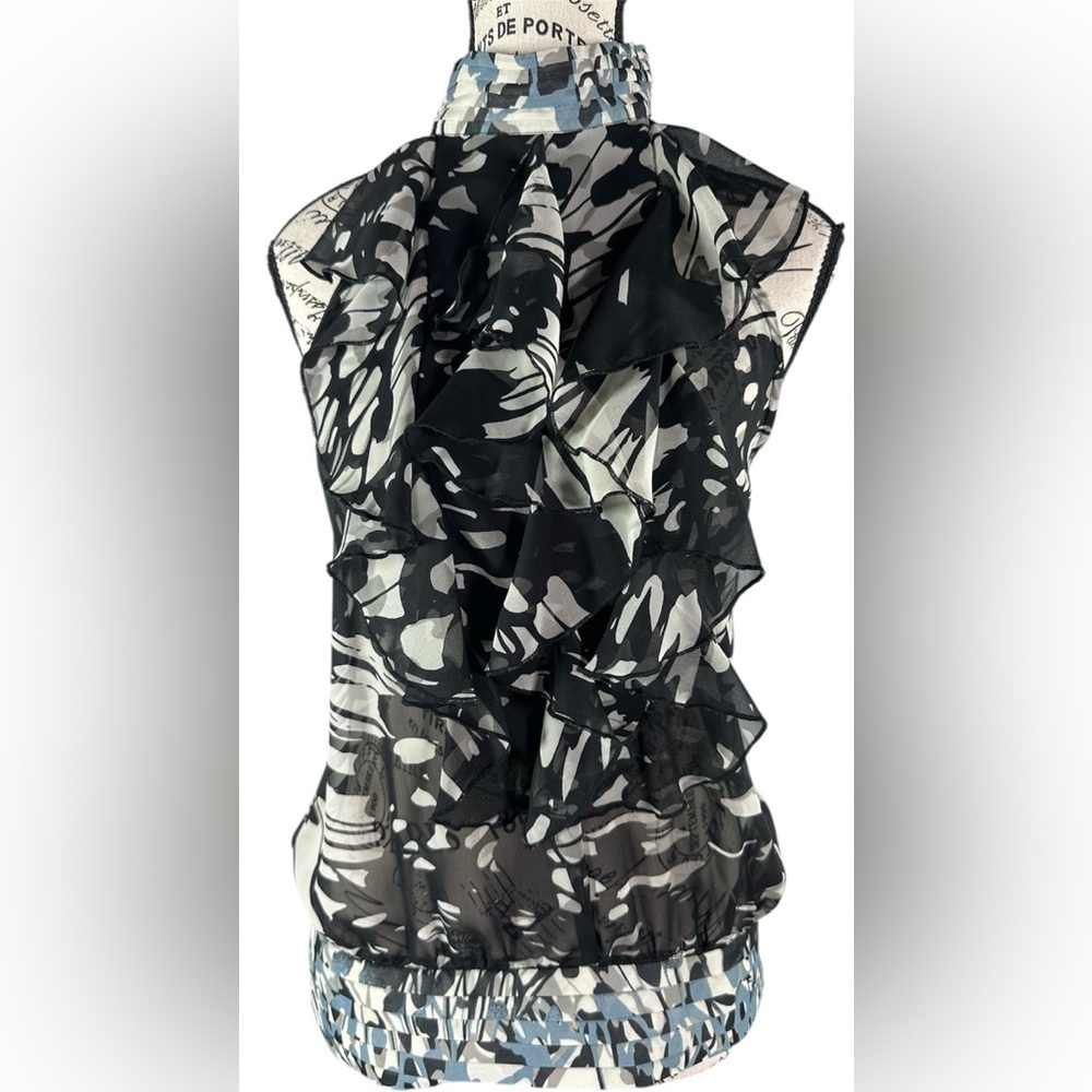 Adiva Black White Blue Sleeveless Silky Turtleneck Ruffle Top Size S